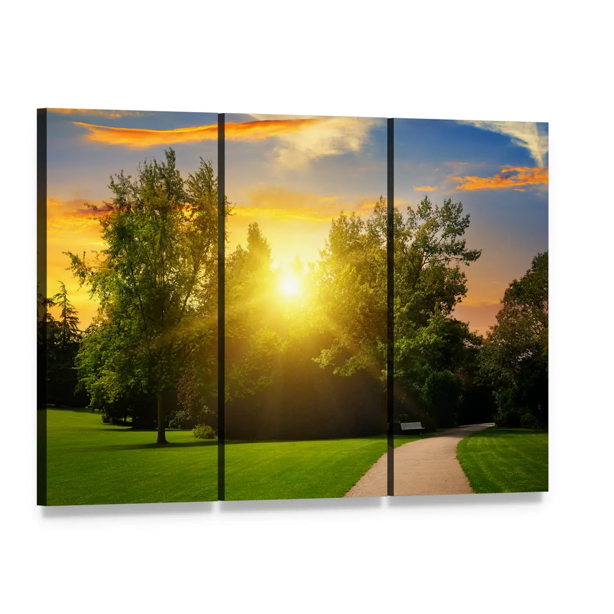 Summer Park at Sunset Canvas Wall Art, 3 panel 3 Horizontal layout gallery wrapped canvas set, angled product view
