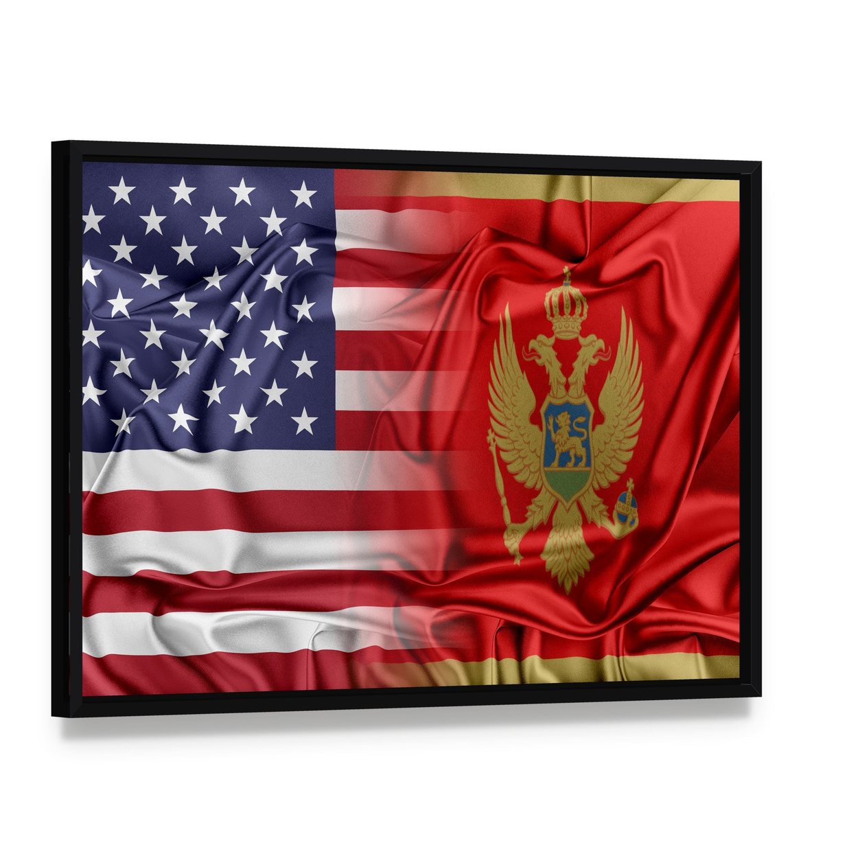Usa and Montenegro Flags Canvas Wall Art, framed canvas in a black floater frame, angled product view