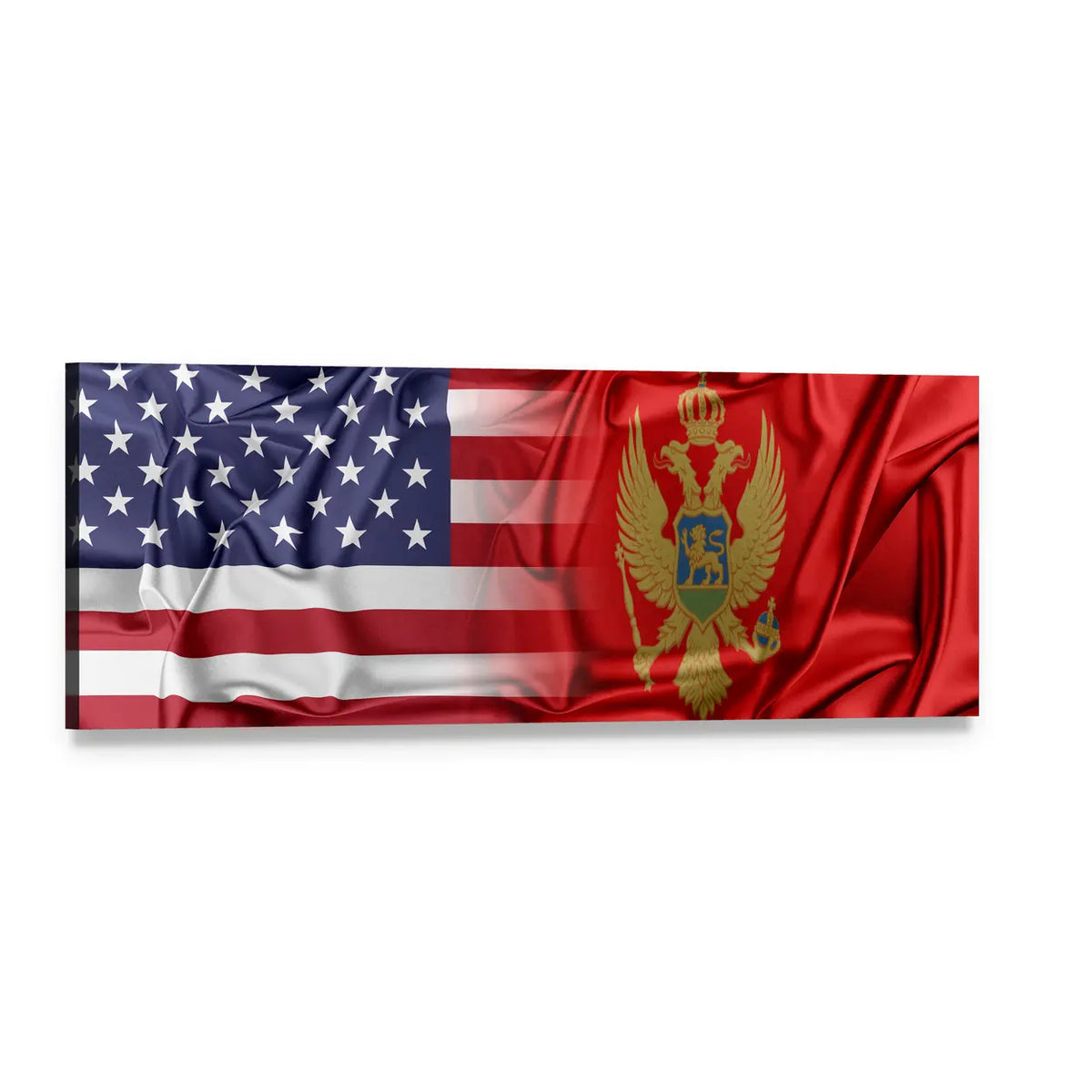 American and Montenegrin Flags Side by Side Panoramic Canvas Wall Art, single panel gallery wrapped canvas, angled product view