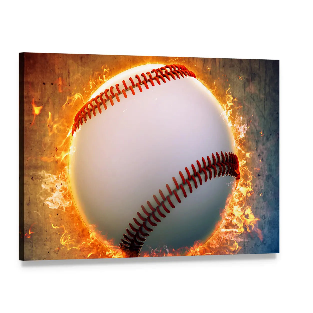 Baseball on Fire Canvas Wall Art, single panel gallery wrapped canvas, angled product view