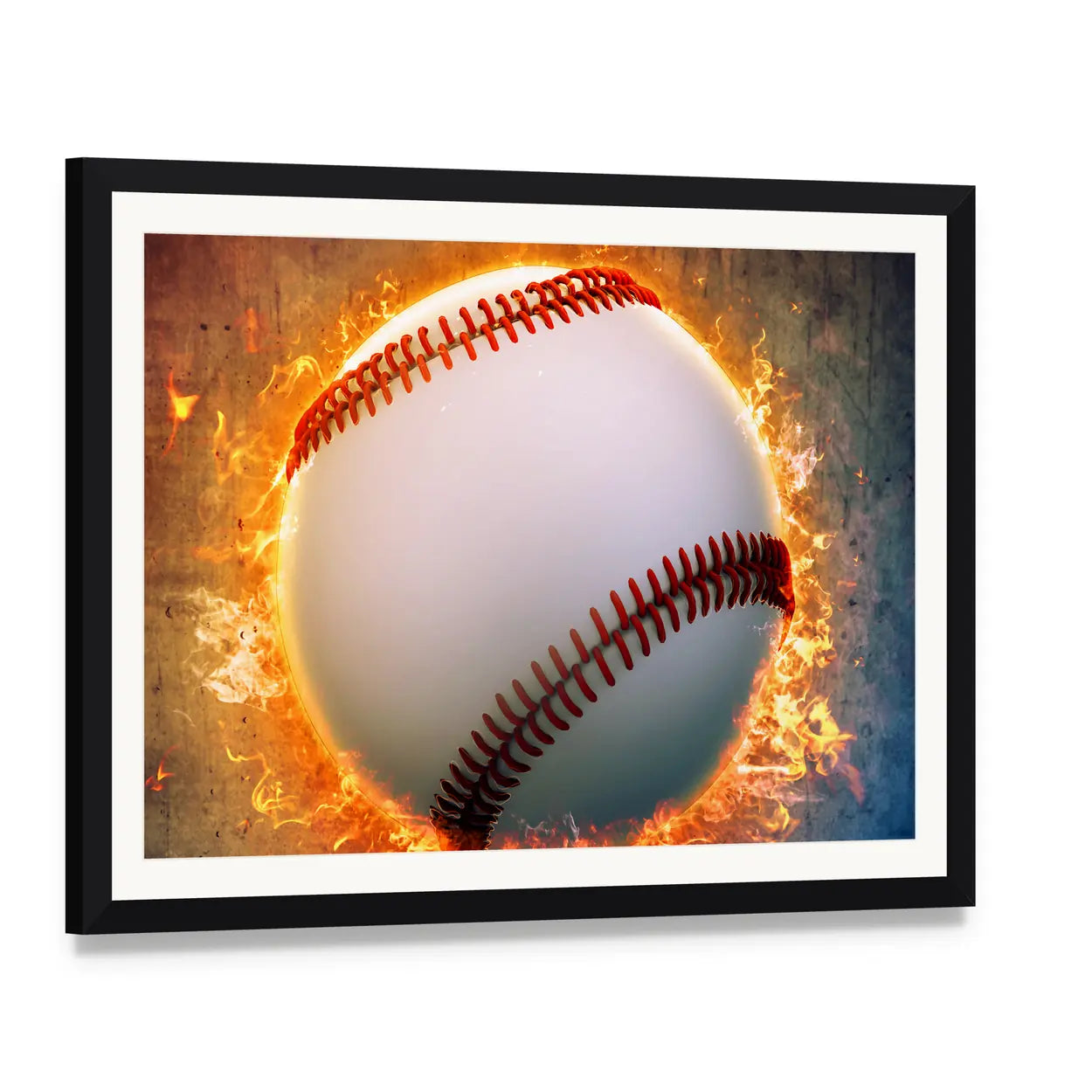 Baseball on Fire Canvas Wall Art, framed print with white mat and black frame, angled product view