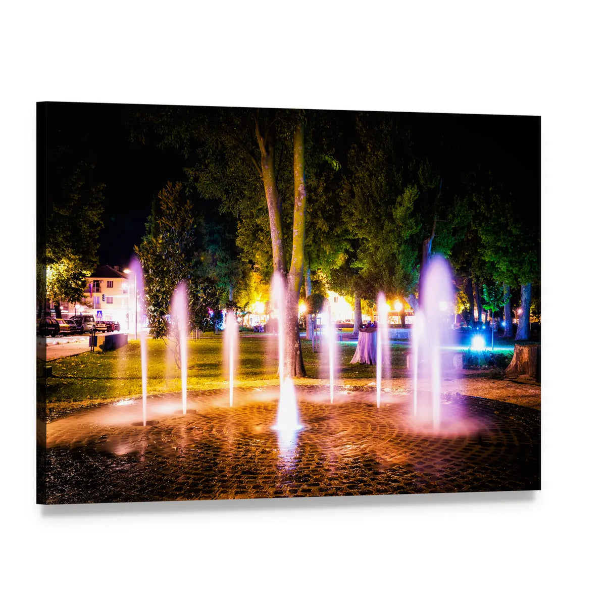 Summer Night Fountain Canvas Wall Art, single panel gallery wrapped canvas, angled product view