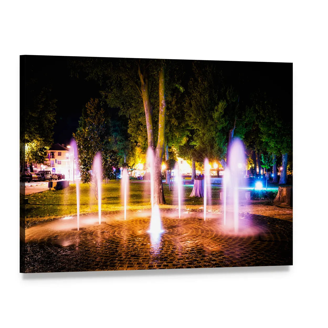 Summer Night Fountain Canvas Wall Art, single panel gallery wrapped canvas, angled product view