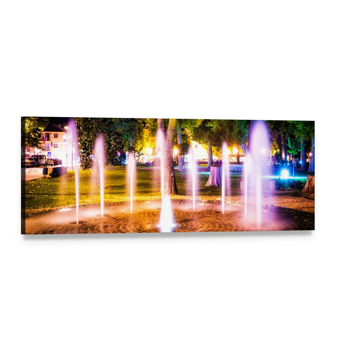 Illuminated Park Fountain at Night Panoramic Canvas Wall Art, single panel gallery wrapped canvas, angled product view