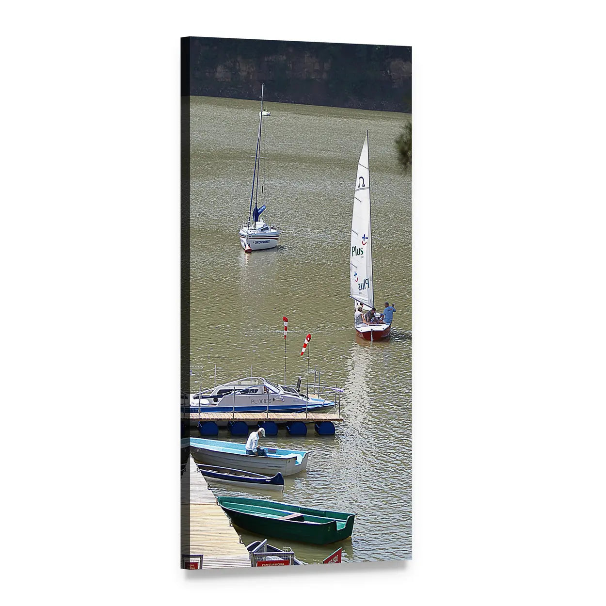 Docked Boats and Sailboat on a Calm Lake Vertical Canvas Wall Art, 1 panel 1 Vertical layout gallery wrapped canvas set, angled product view