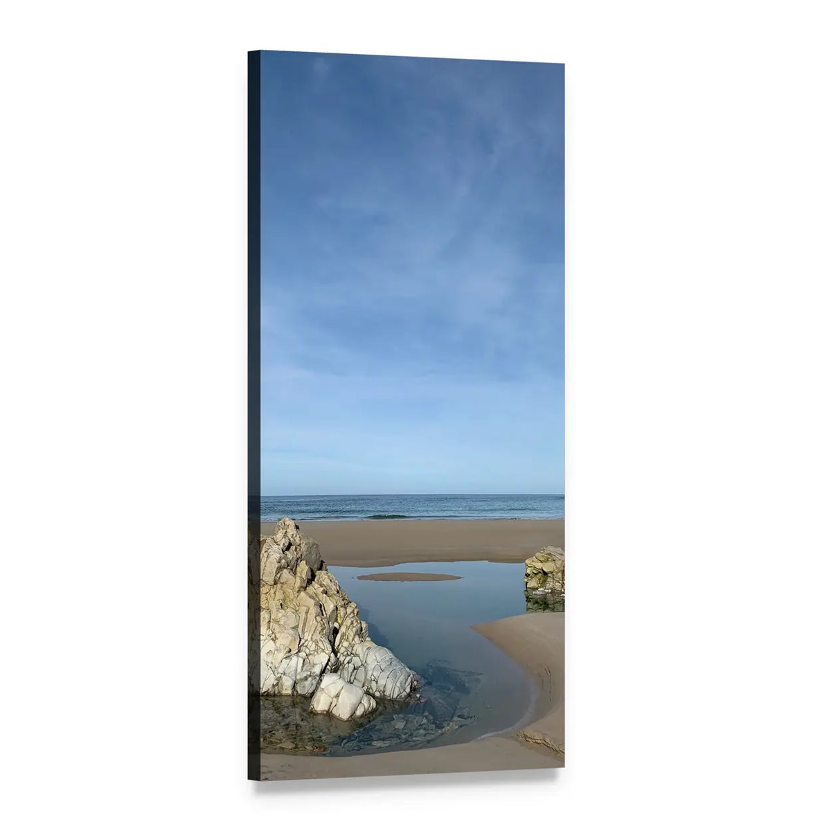 Summer Tidal Pool Beach with Light Rock Formation Vertical Canvas Wall Art, 1 panel 1 Vertical layout gallery wrapped canvas set, angled product view