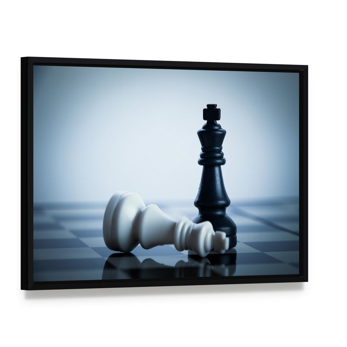 Black & White Chess Canvas Wall Art, framed canvas in a black floater frame, angled product view