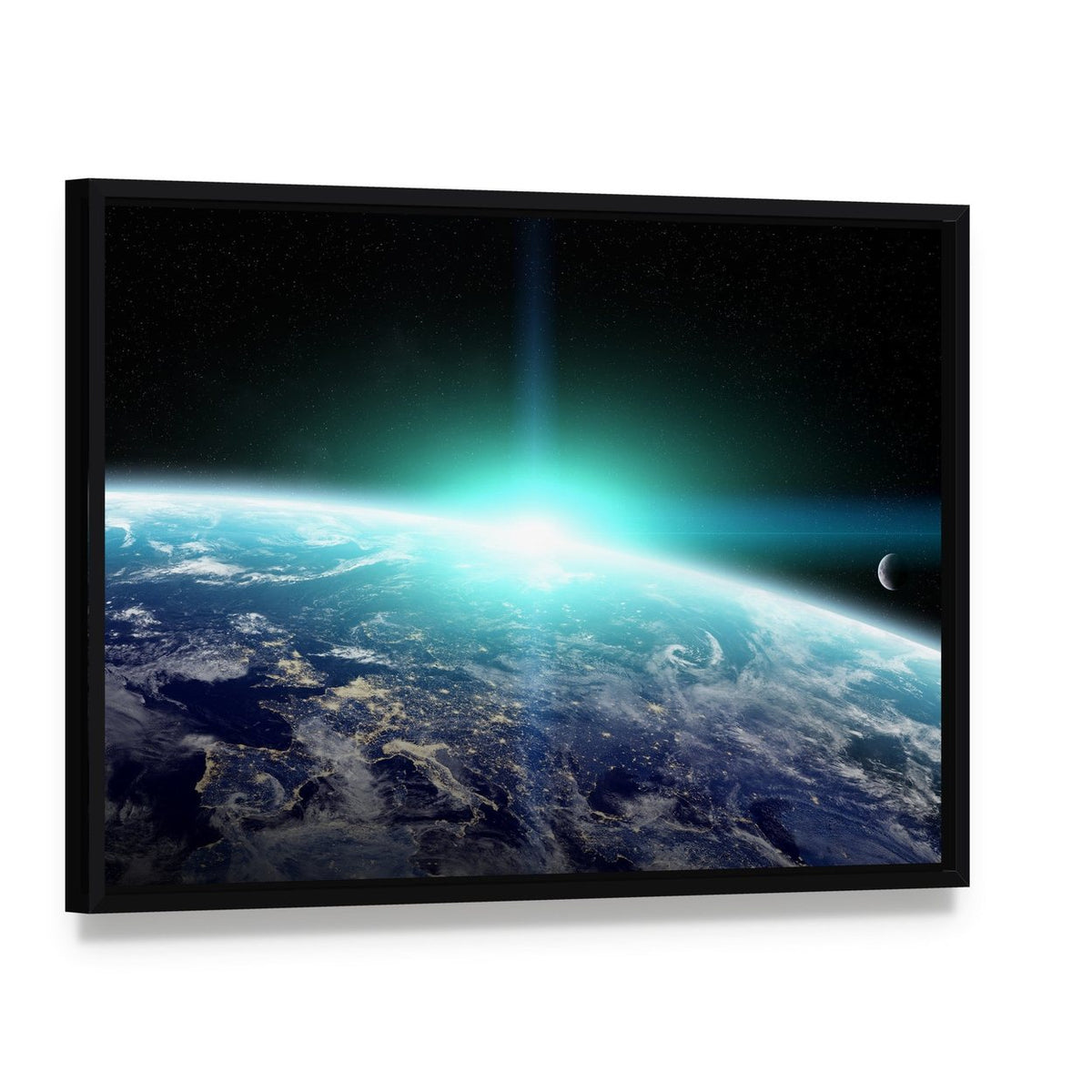 Bright Sun Over Planet Earth Canvas Wall Art, framed canvas in a black floater frame, angled product view