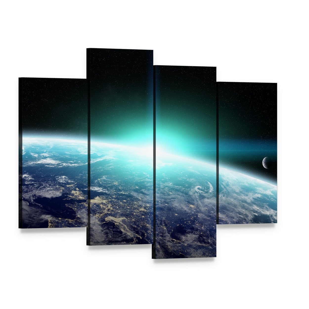 Bright Sun Over Planet Earth Canvas Wall Art, 4 panel 4 Pop layout gallery wrapped canvas set, angled product view