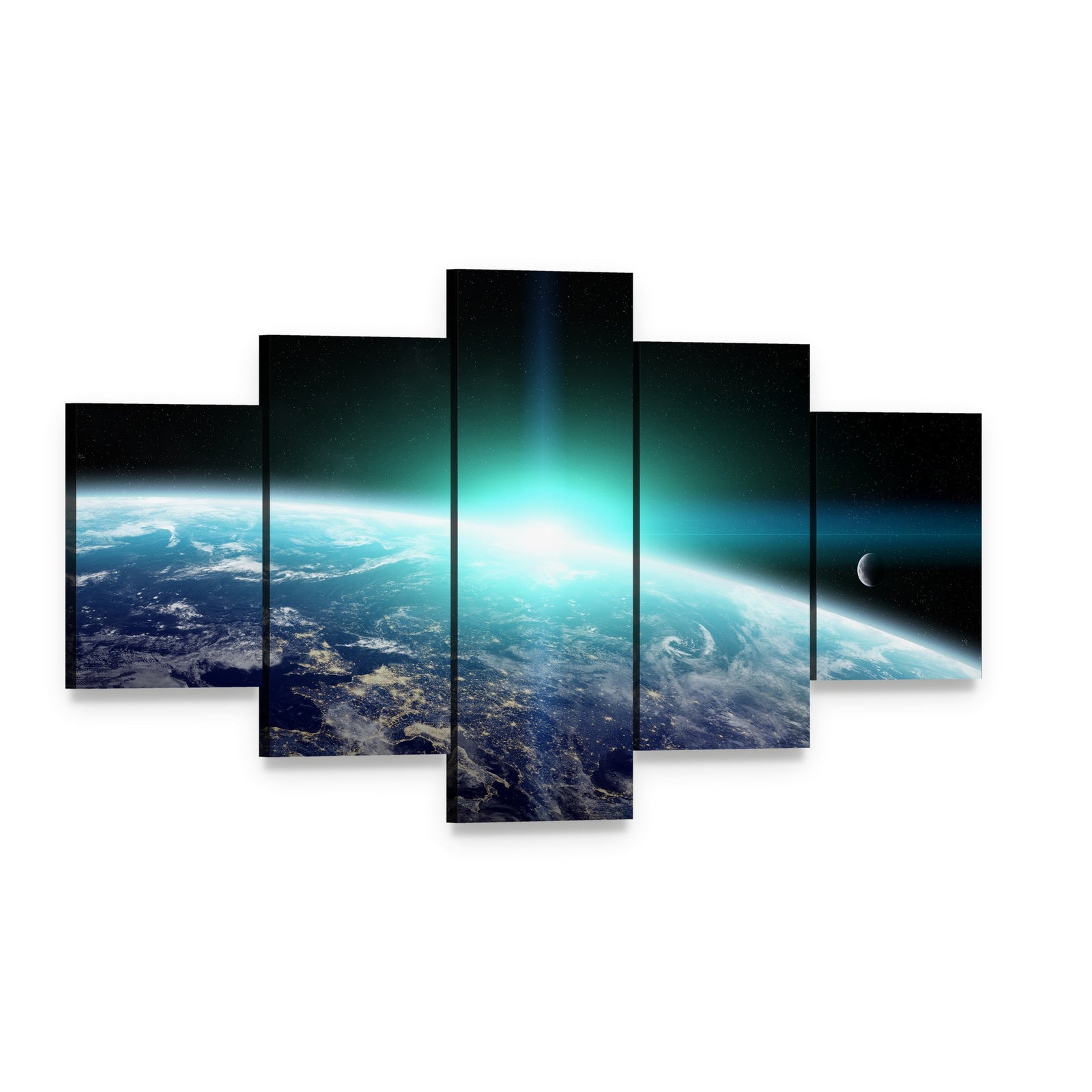 Bright Sun Over Planet Earth Canvas Wall Art, 5 panel 5 Star layout gallery wrapped canvas set, angled product view