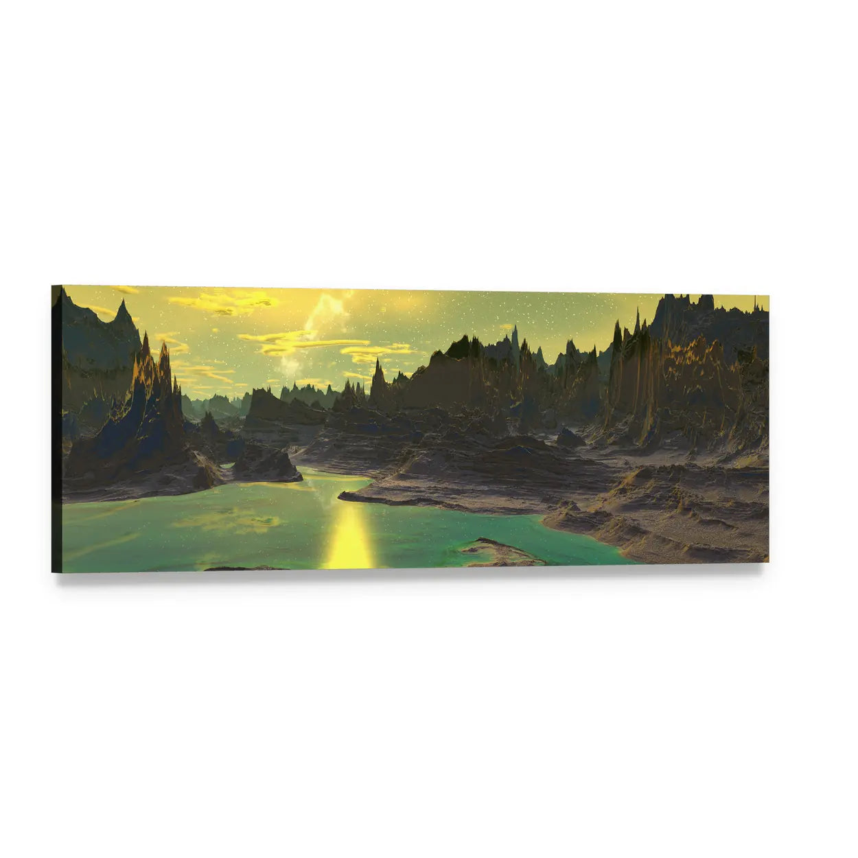 Rocky Alien Planet Panoramic Canvas Wall Art, single panel gallery wrapped canvas, angled product view