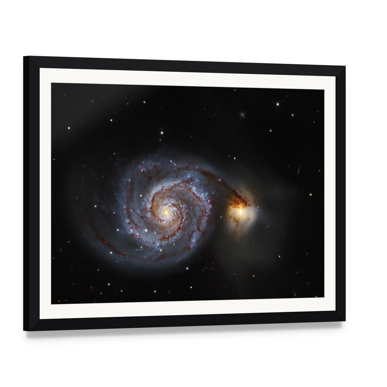 The Whirlpool Galaxy Canvas Wall Art, framed print with white mat and black frame, angled product view