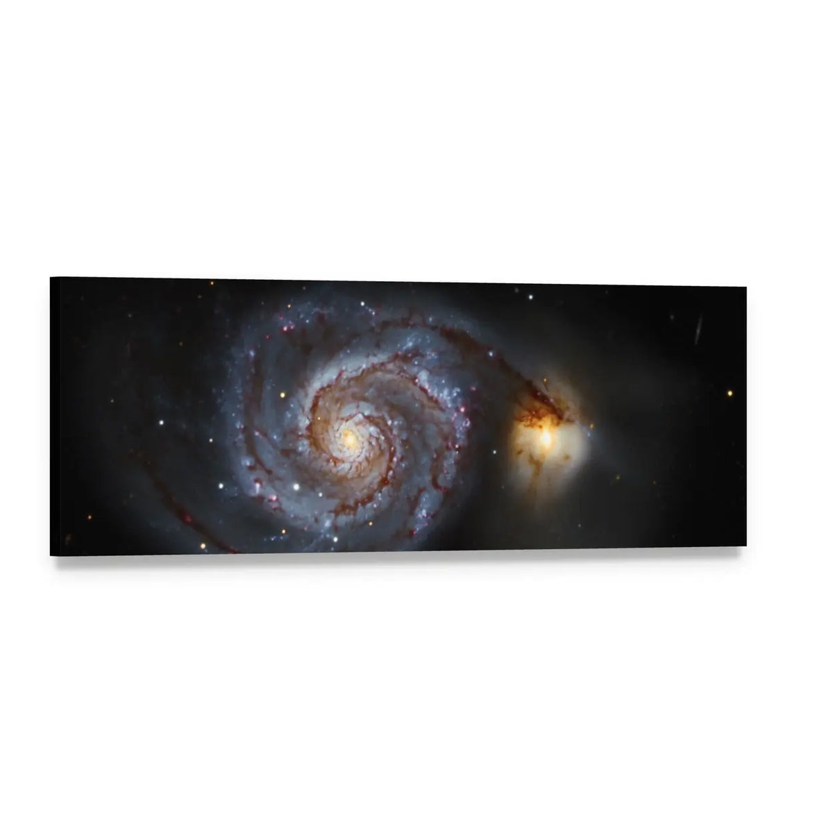 Whirlpool Galaxy with Glowing Nucleus Panoramic Canvas Wall Art, single panel gallery wrapped canvas, angled product view