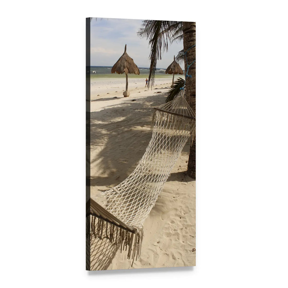 Net Hammock Between Palm Trees Vertical Canvas Wall Art, 1 panel 1 Vertical layout gallery wrapped canvas set, angled product view