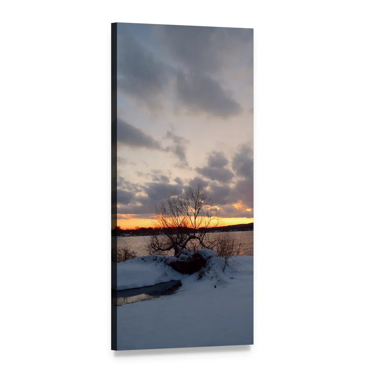 Snowy Shoreline at Sunset Vertical Canvas Wall Art, 1 panel 1 Vertical layout gallery wrapped canvas set, angled product view