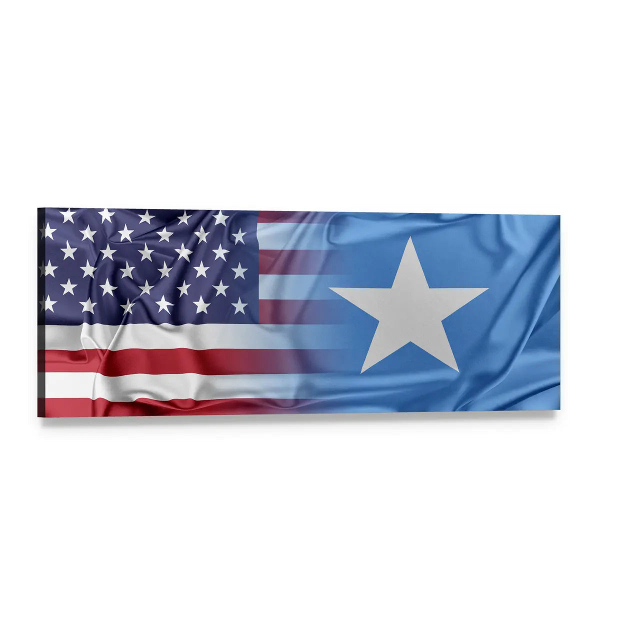 Us and Somali Flags Blend Panoramic Canvas Wall Art, single panel gallery wrapped canvas, angled product view