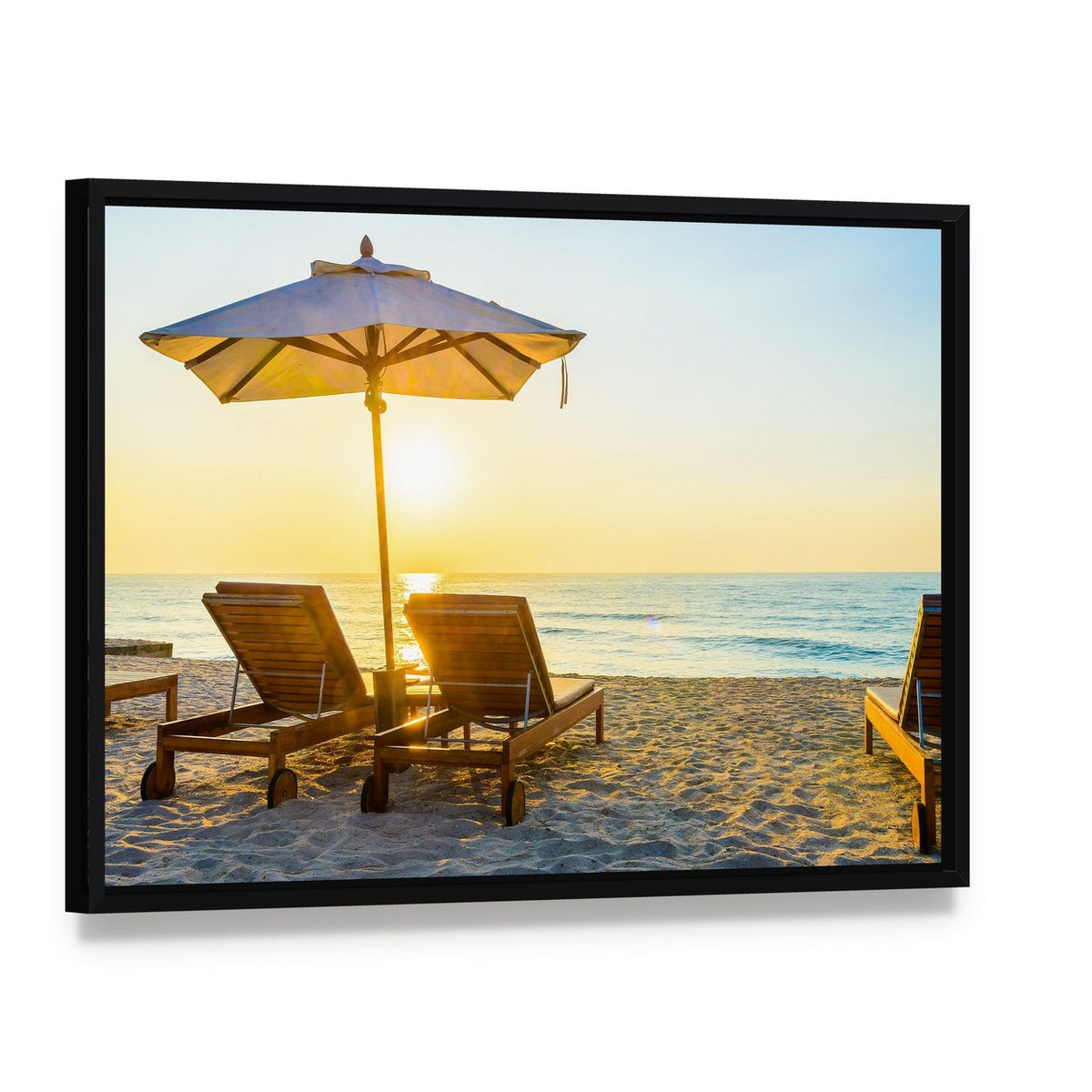 Beach Bed with Sun Flare Canvas Wall Art, framed canvas in a black floater frame, angled product view