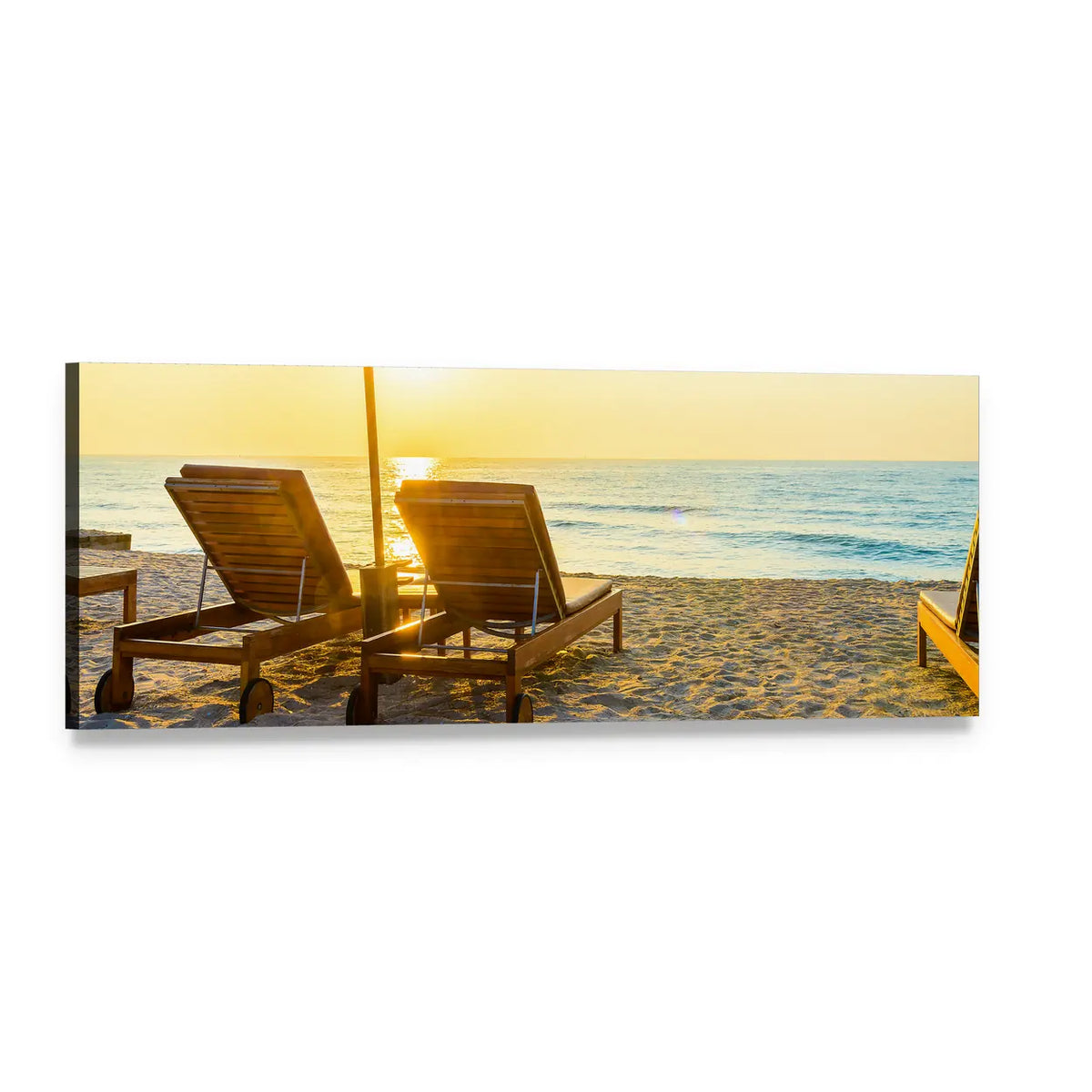 Three Wooden Sun Loungers on a Beach Panoramic Canvas Wall Art, single panel gallery wrapped canvas, angled product view