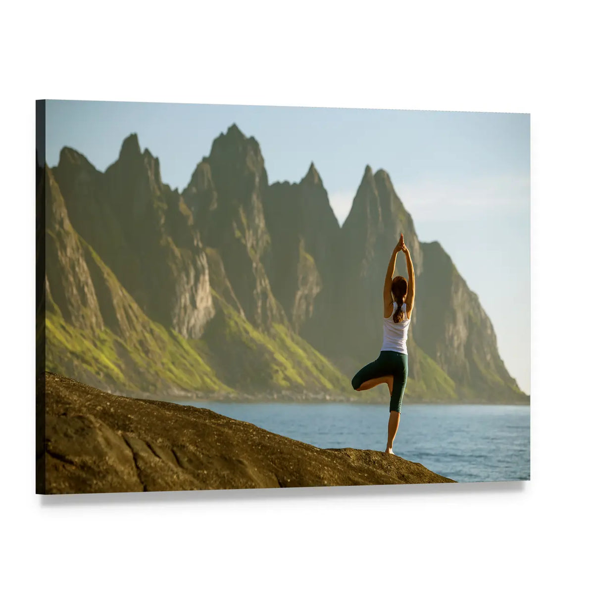 Young Woman in Tree Pose on Coastal Cliffs Canvas Wall Art, single panel gallery wrapped canvas, angled product view