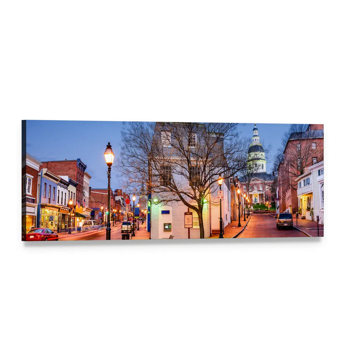 Downtown Main Street at Dusk Panoramic Canvas Wall Art, single panel gallery wrapped canvas, angled product view