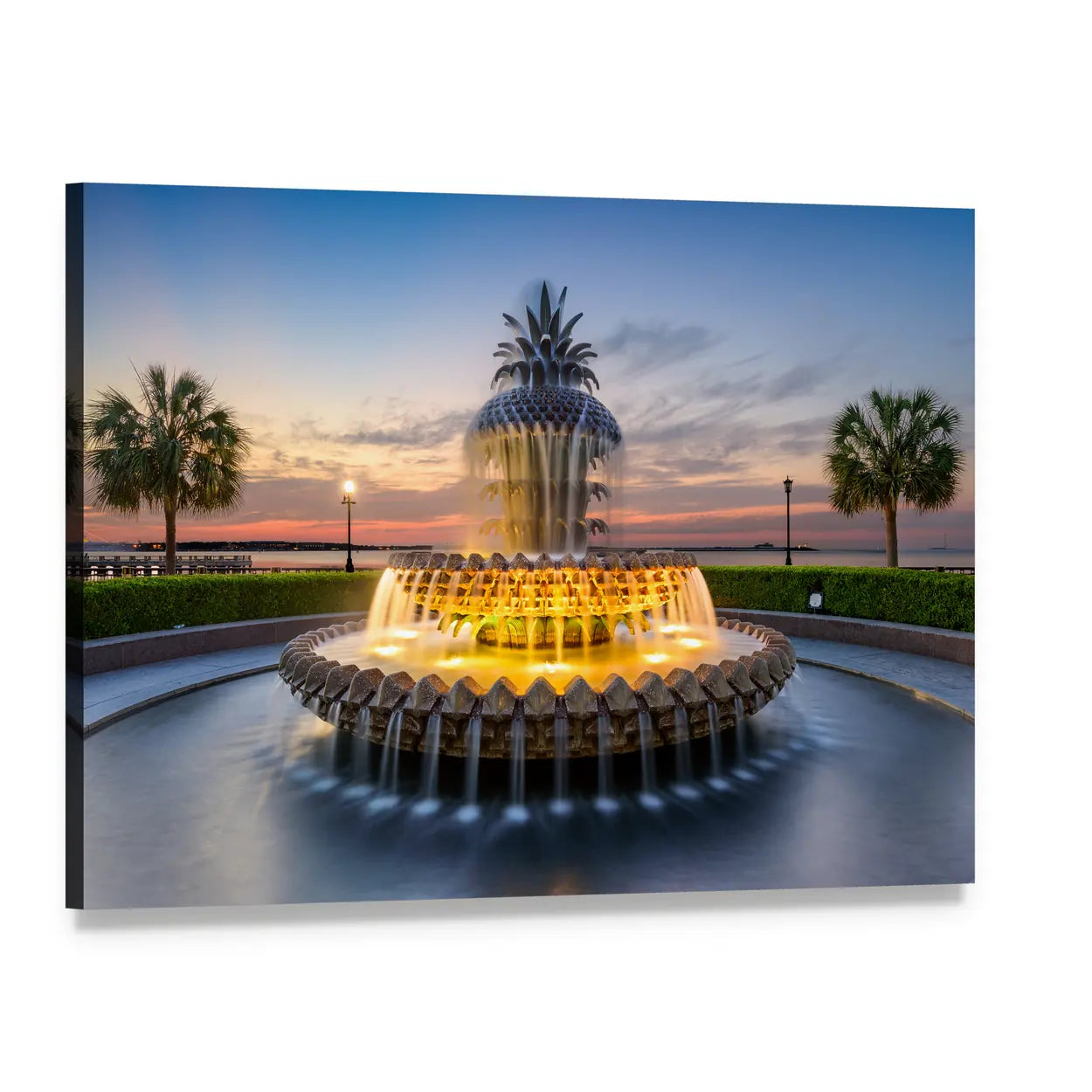 Waterfront Park Pineapple Fountain Canvas Wall Art, single panel gallery wrapped canvas, angled product view