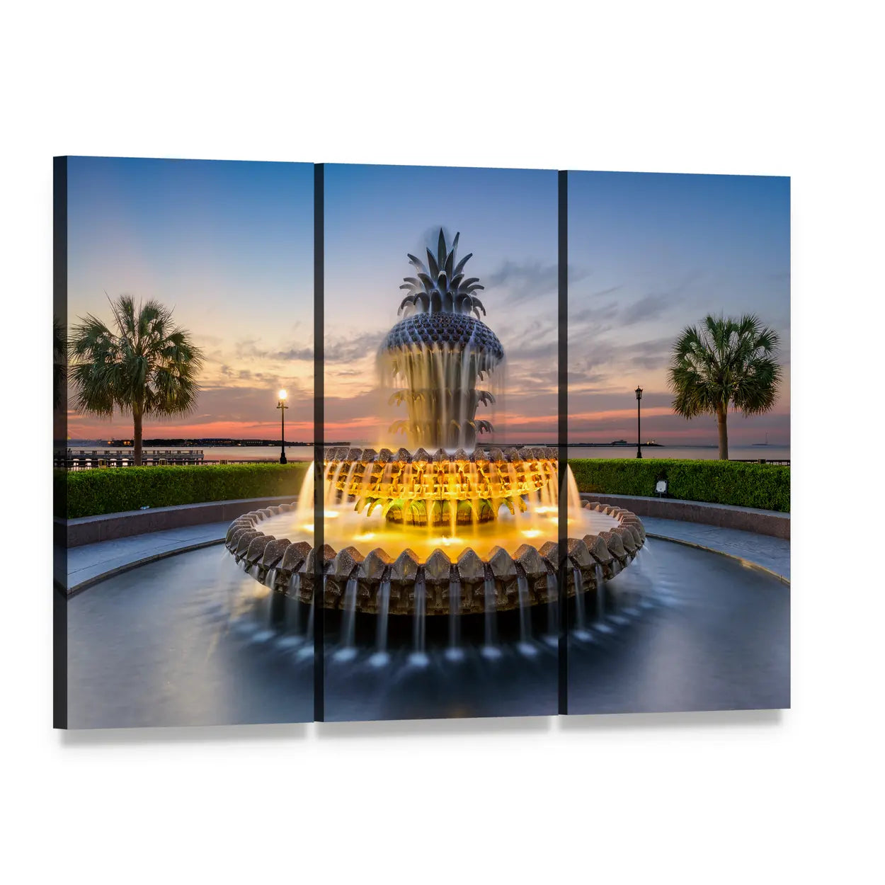Waterfront Park Pineapple Fountain Canvas Wall Art, 3 panel 3 Horizontal layout gallery wrapped canvas set, angled product view