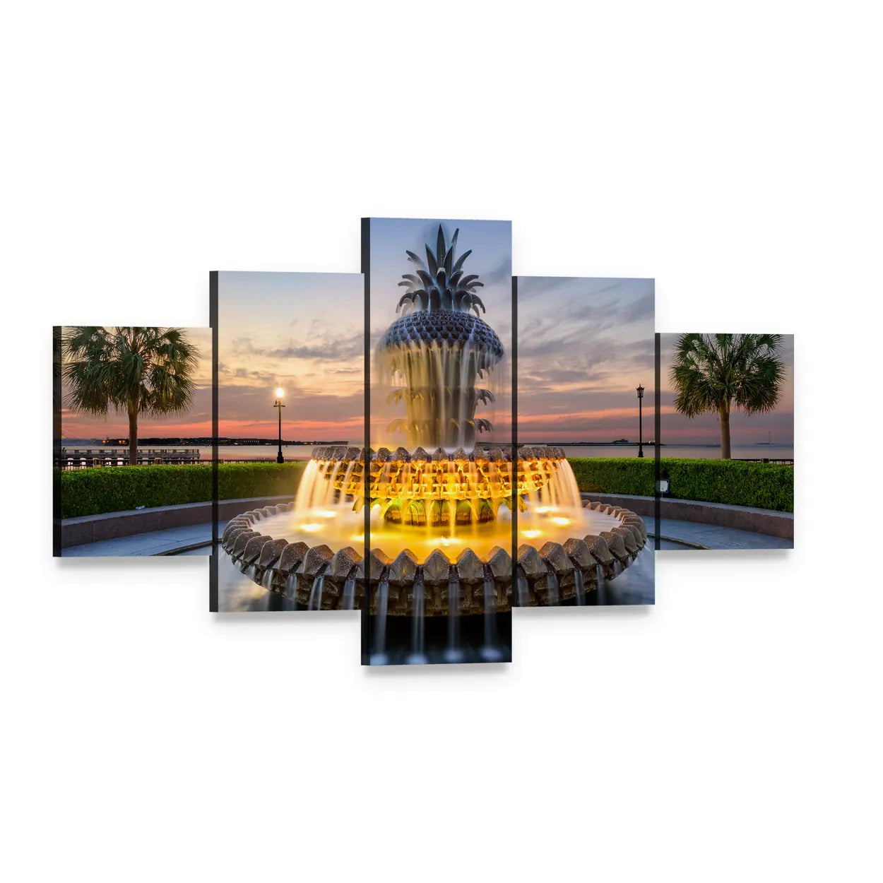 Waterfront Park Pineapple Fountain Canvas Wall Art, 5 panel 5 Star layout gallery wrapped canvas set, angled product view