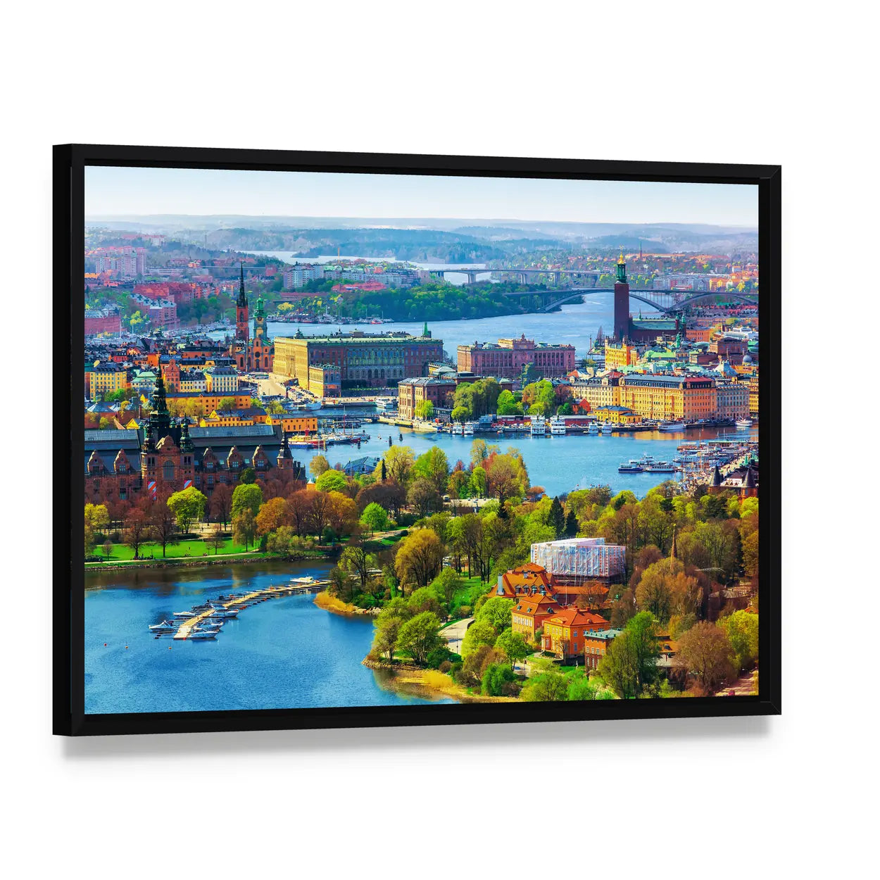 Old Town Gamla Stan In Stockholm Canvas Wall Art, framed canvas in a black floater frame, angled product view