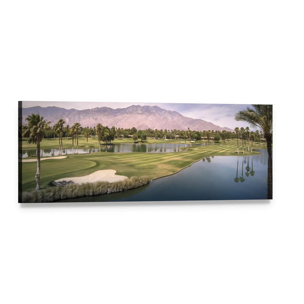 Golf Fairway with Palm Trees and Mountains Panoramic Canvas Wall Art, single panel gallery wrapped canvas, angled product view