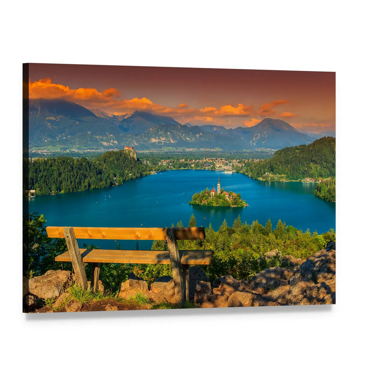 St Mary's Church on Lake Bled at Sunset Canvas Wall Art, single panel gallery wrapped canvas, angled product view