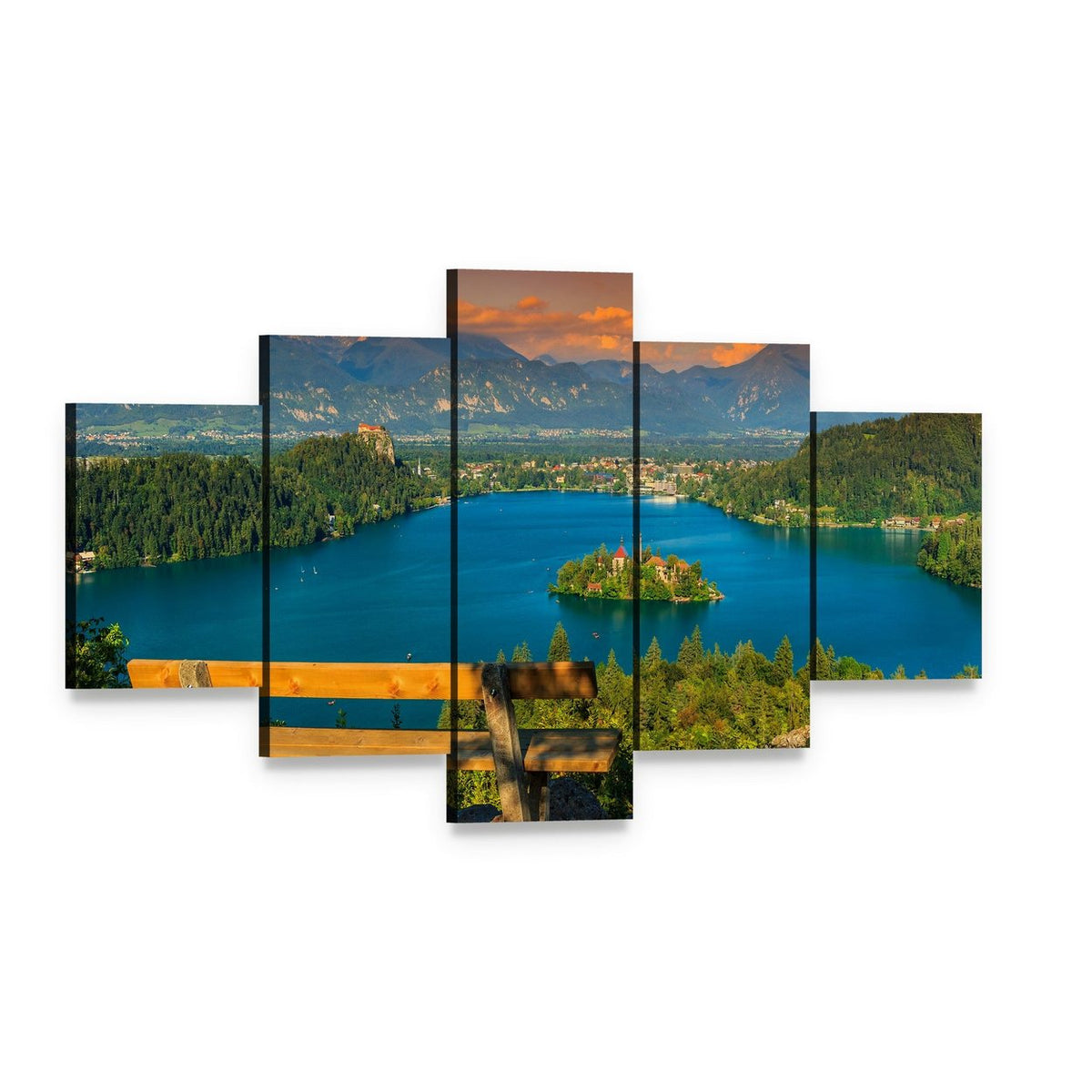 St Mary's Church on Lake Bled Canvas Wall Art, 5 panel 5 Star layout gallery wrapped canvas set, angled product view