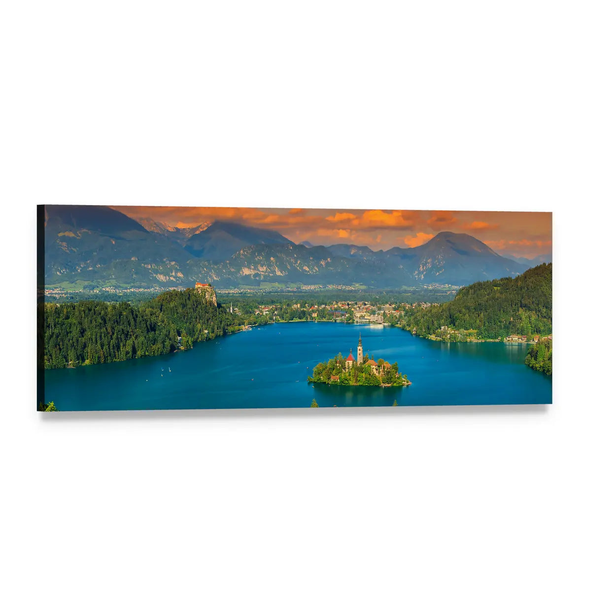 St Mary's Church on Lake Bled Panoramic Canvas Wall Art, single panel gallery wrapped canvas, angled product view