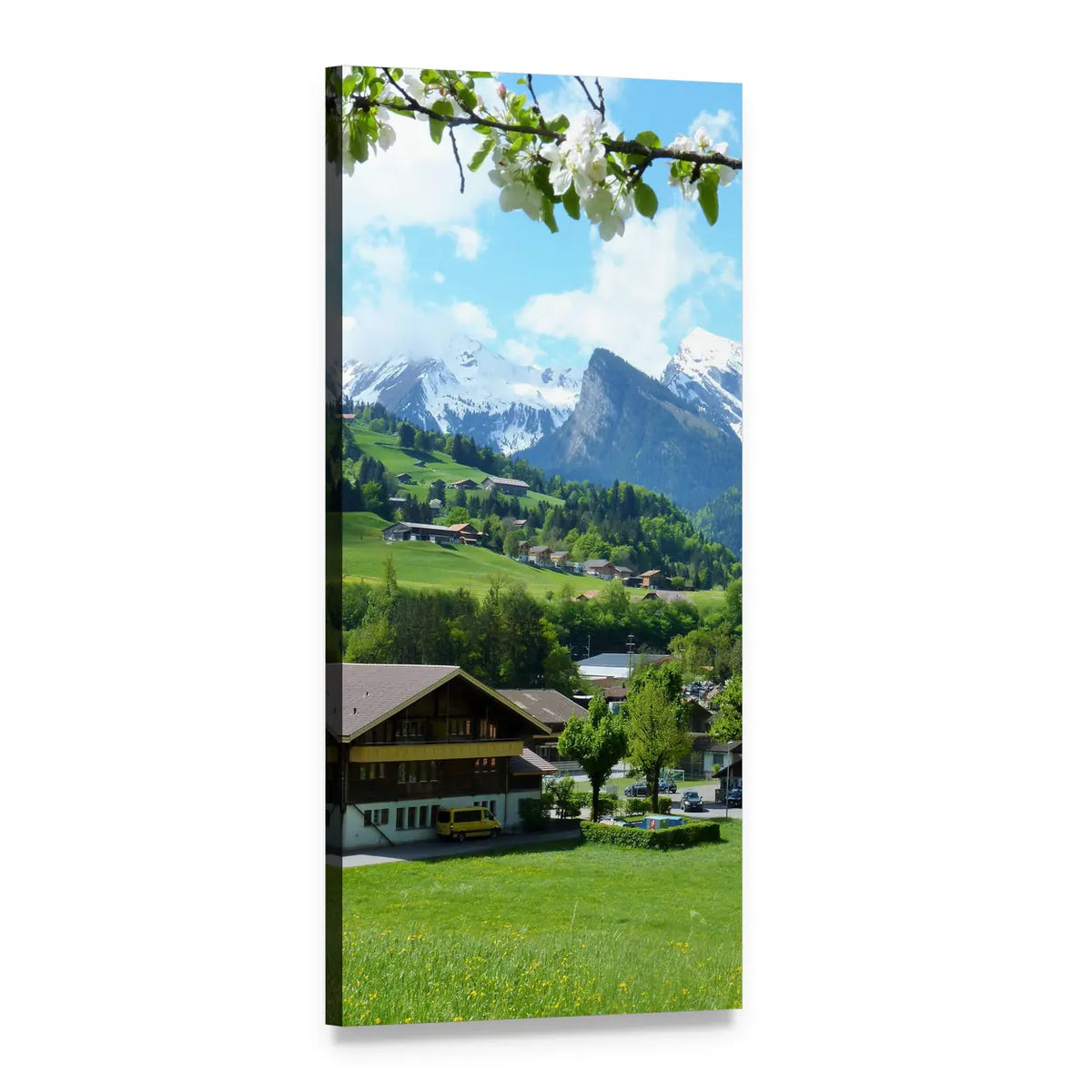 Alpine Village with Spring Blossoms Vertical Canvas Wall Art, 1 panel 1 Vertical layout gallery wrapped canvas set, angled product view