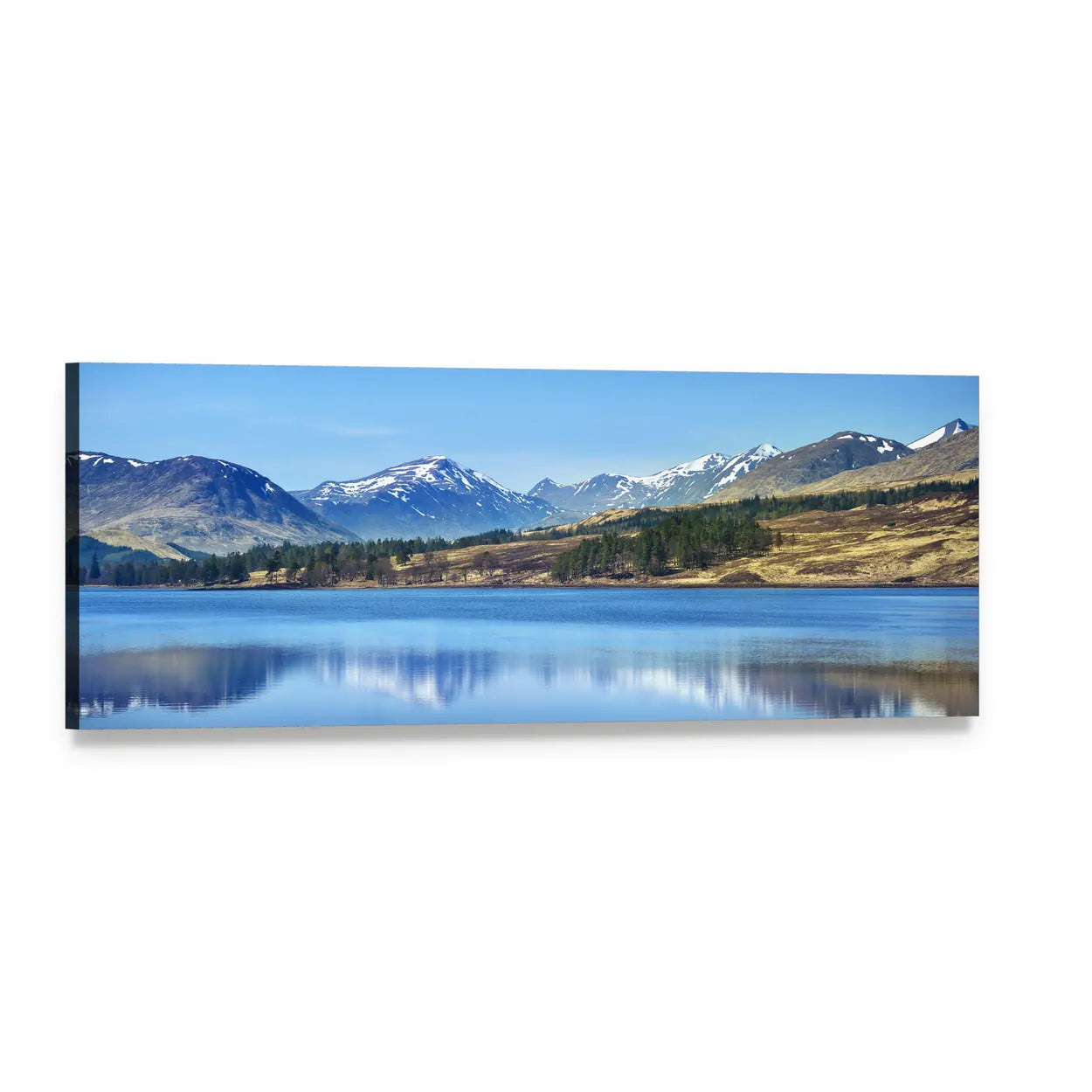 Scottish Highlands Lake Reflection Panoramic Canvas Wall Art, single panel gallery wrapped canvas, angled product view