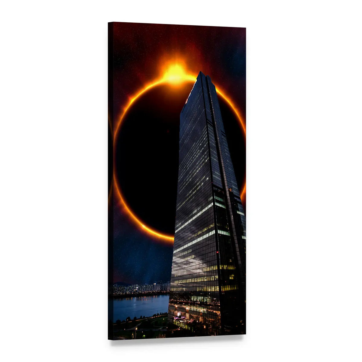 Solar Eclipse Over City Skyline Vertical Canvas Wall Art, 1 panel 1 Vertical layout gallery wrapped canvas set, angled product view