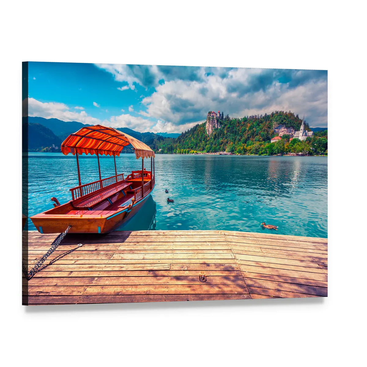 Wooden Boat on Lake Bled Canvas Wall Art, single panel gallery wrapped canvas, angled product view