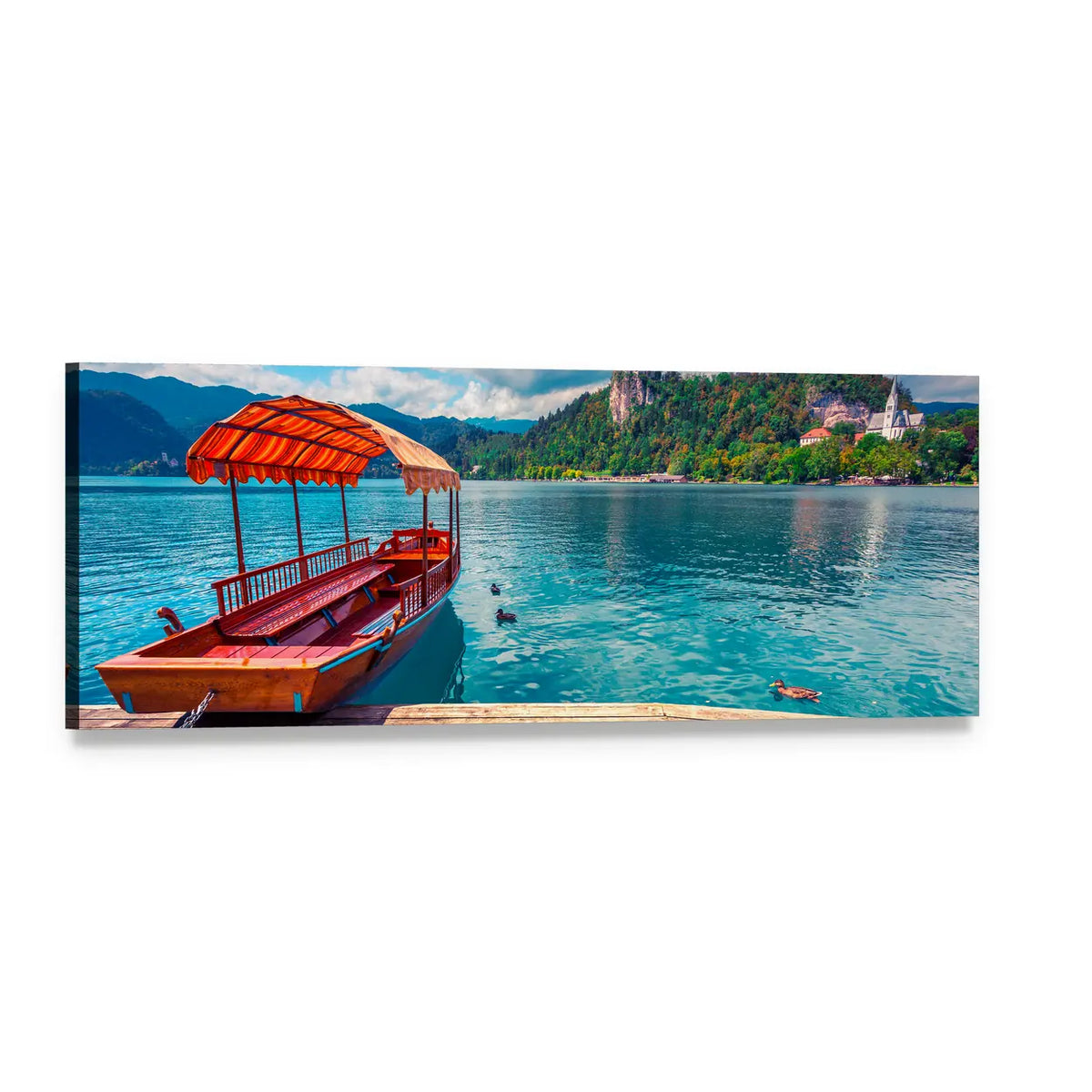 Pletna Boat on Lake Bled Panoramic Canvas Wall Art, single panel gallery wrapped canvas, angled product view