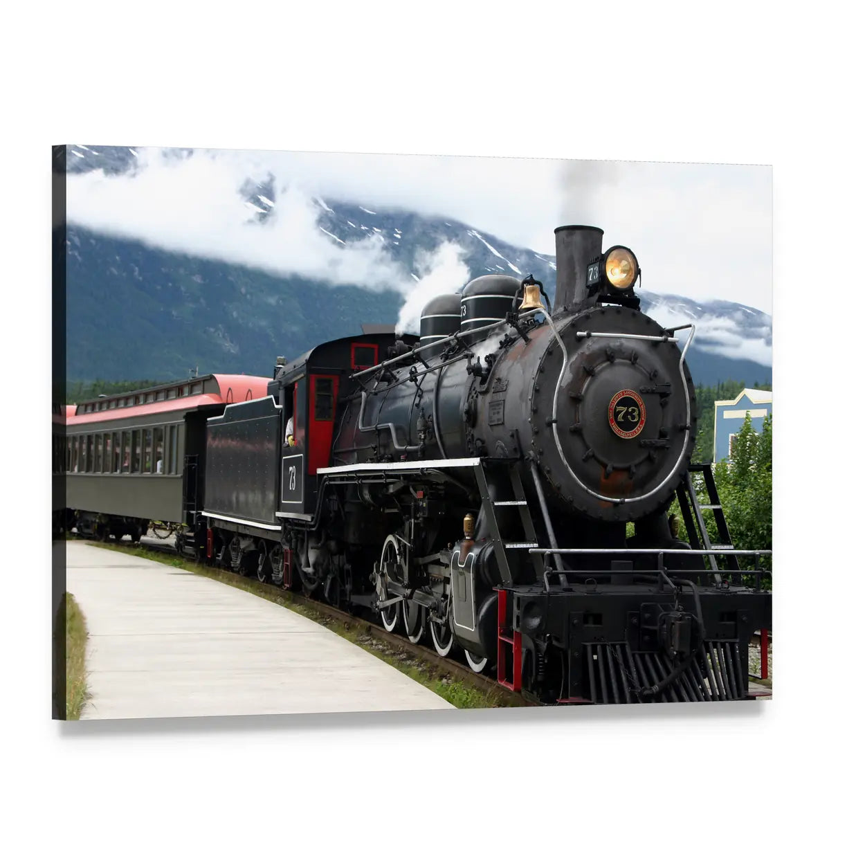Number 73 Steam Locomotive Departing Station Canvas Wall Art, single panel gallery wrapped canvas, angled product view