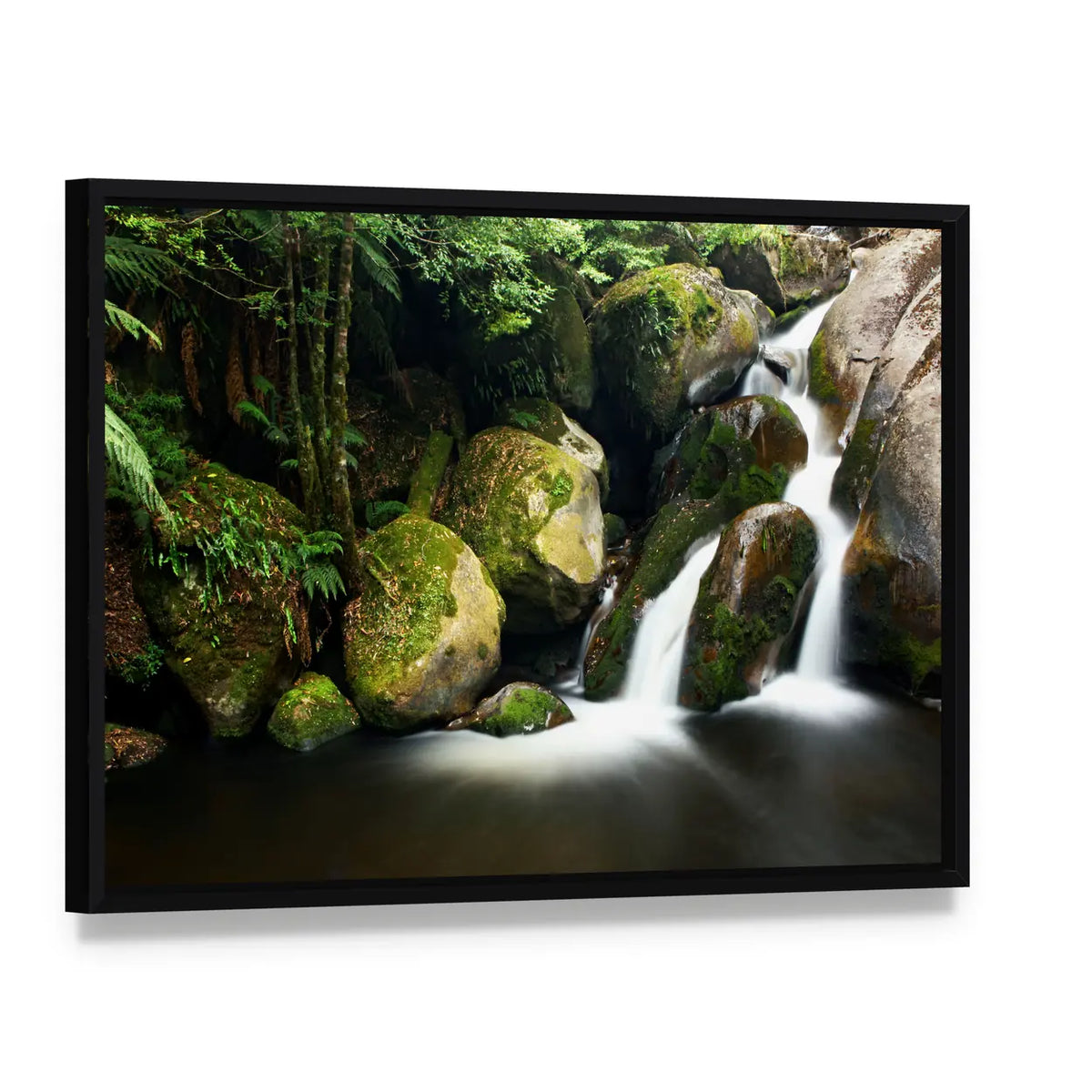 Yarra Ranges Waterfall In Victoria Australia Canvas Wall Art, framed canvas in a black floater frame, angled product view