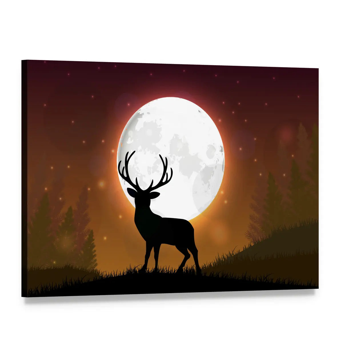 Antlered Stag Silhouette Under Full Moon Canvas Wall Art, single panel gallery wrapped canvas, angled product view