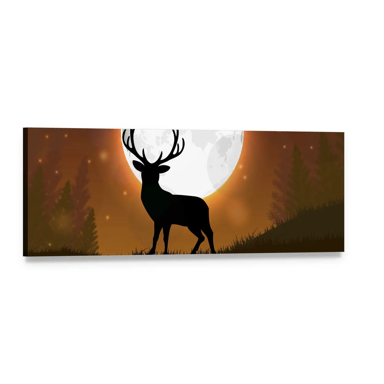 Stag Silhouette on Moonlit Hill Panoramic Canvas Wall Art, single panel gallery wrapped canvas, angled product view