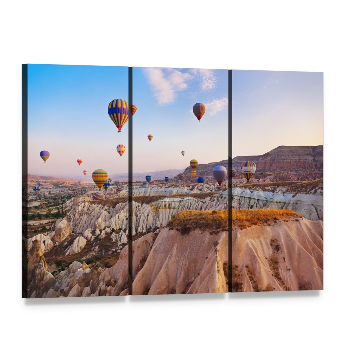 Hot Air Balloons Over Cappadocia Sunrise Canvas Wall Art, 3 panel 3 Horizontal layout gallery wrapped canvas set, angled product view