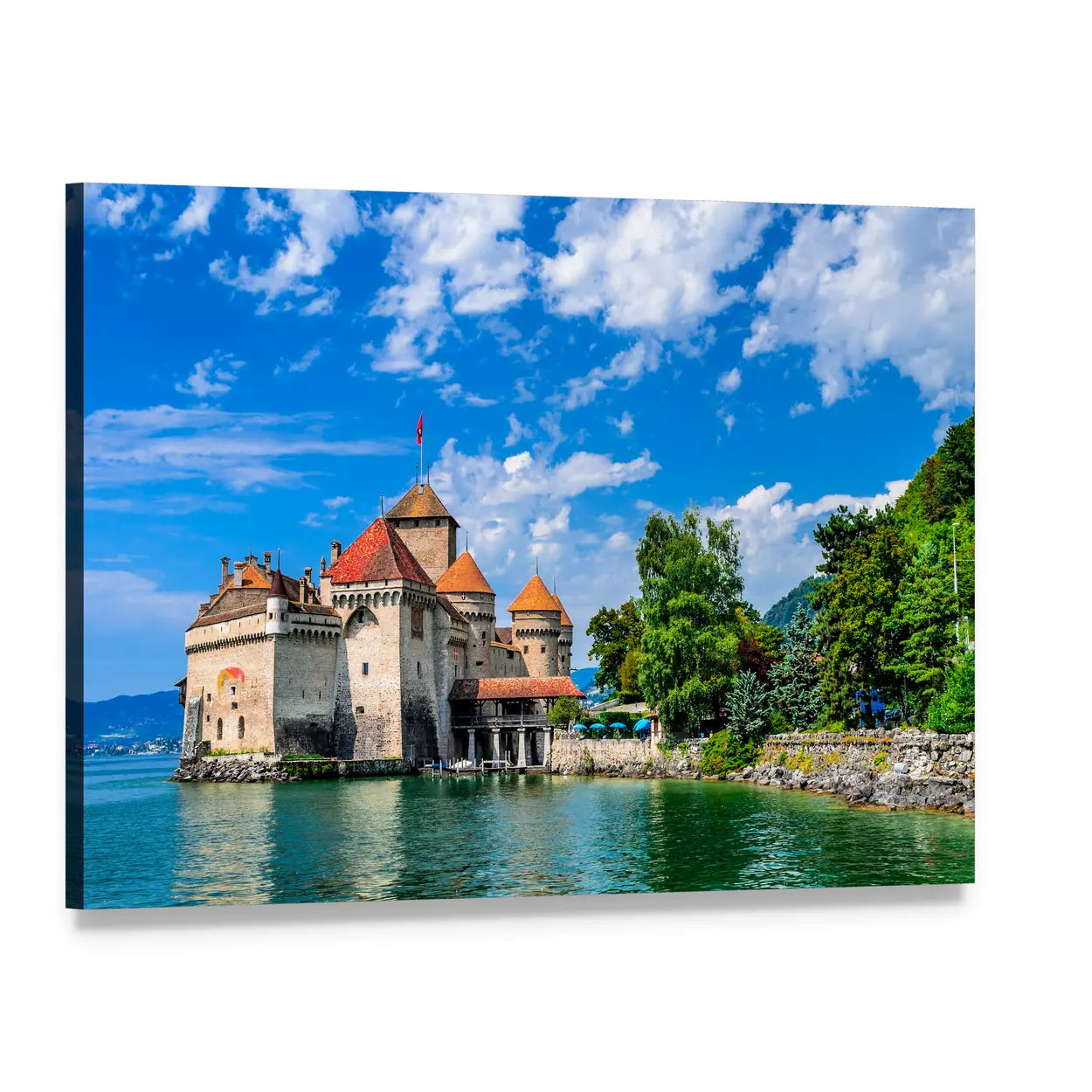 Chillon Castle by Lake Geneva Canvas Wall Art, single panel gallery wrapped canvas, angled product view