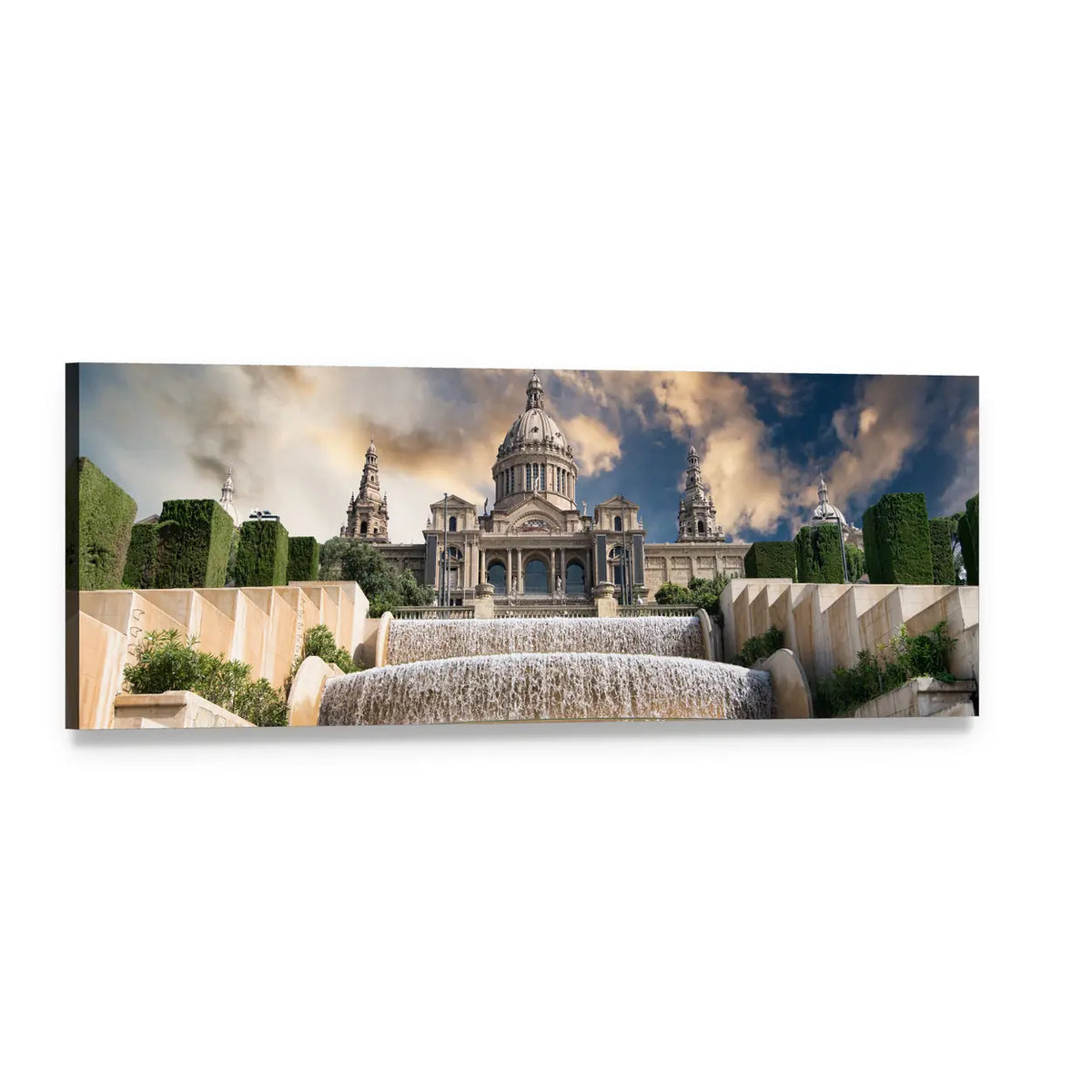 Palau Nacional at Dusk Panoramic Canvas Wall Art, single panel gallery wrapped canvas, angled product view