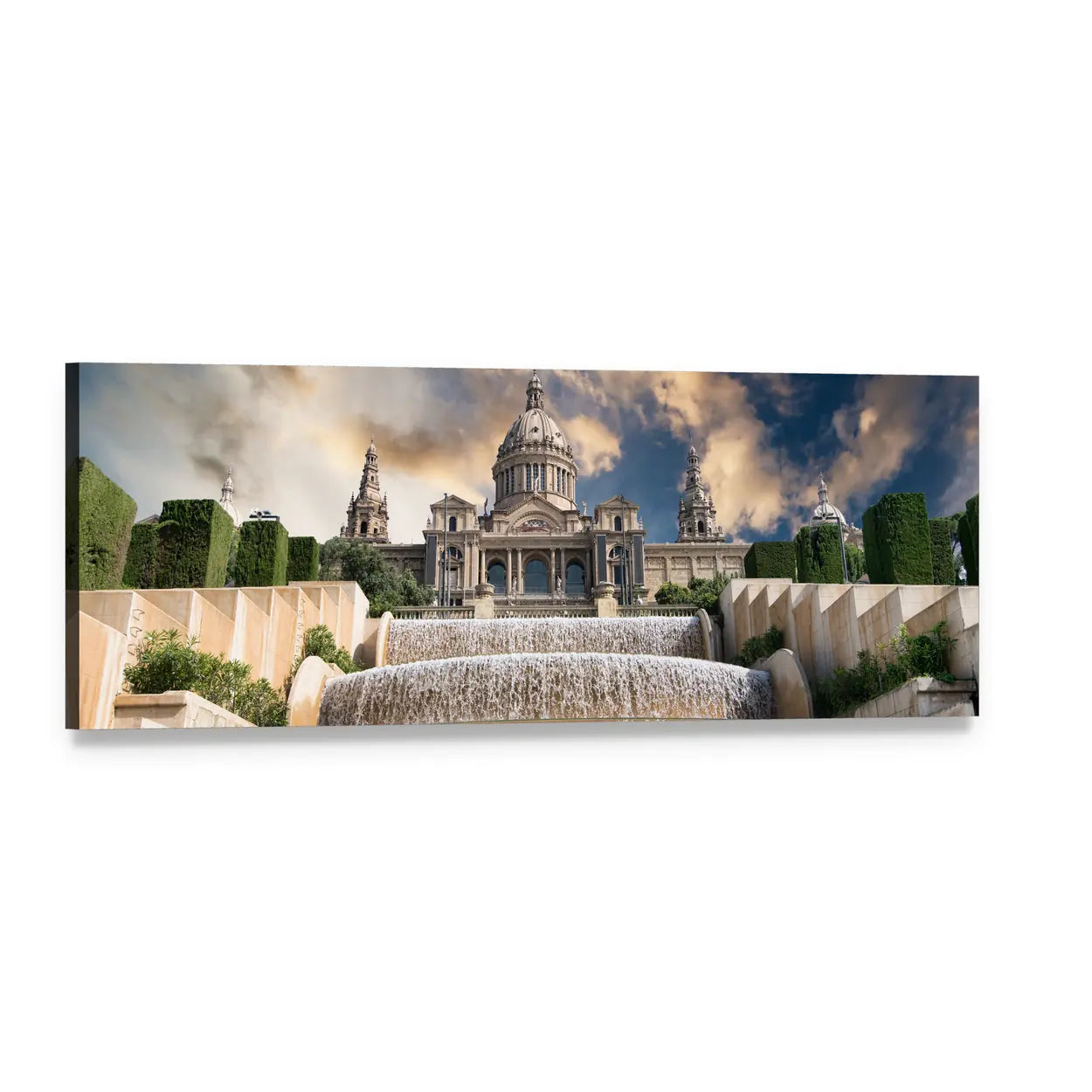 Palau Nacional at Dusk Panoramic Canvas Wall Art, single panel gallery wrapped canvas, angled product view