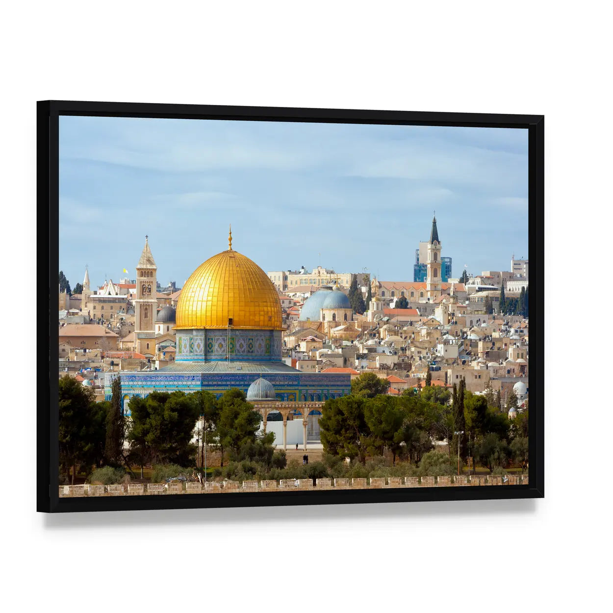 Dome of the Rock in Jerusalem Canvas Wall Art, framed canvas in a black floater frame, angled product view