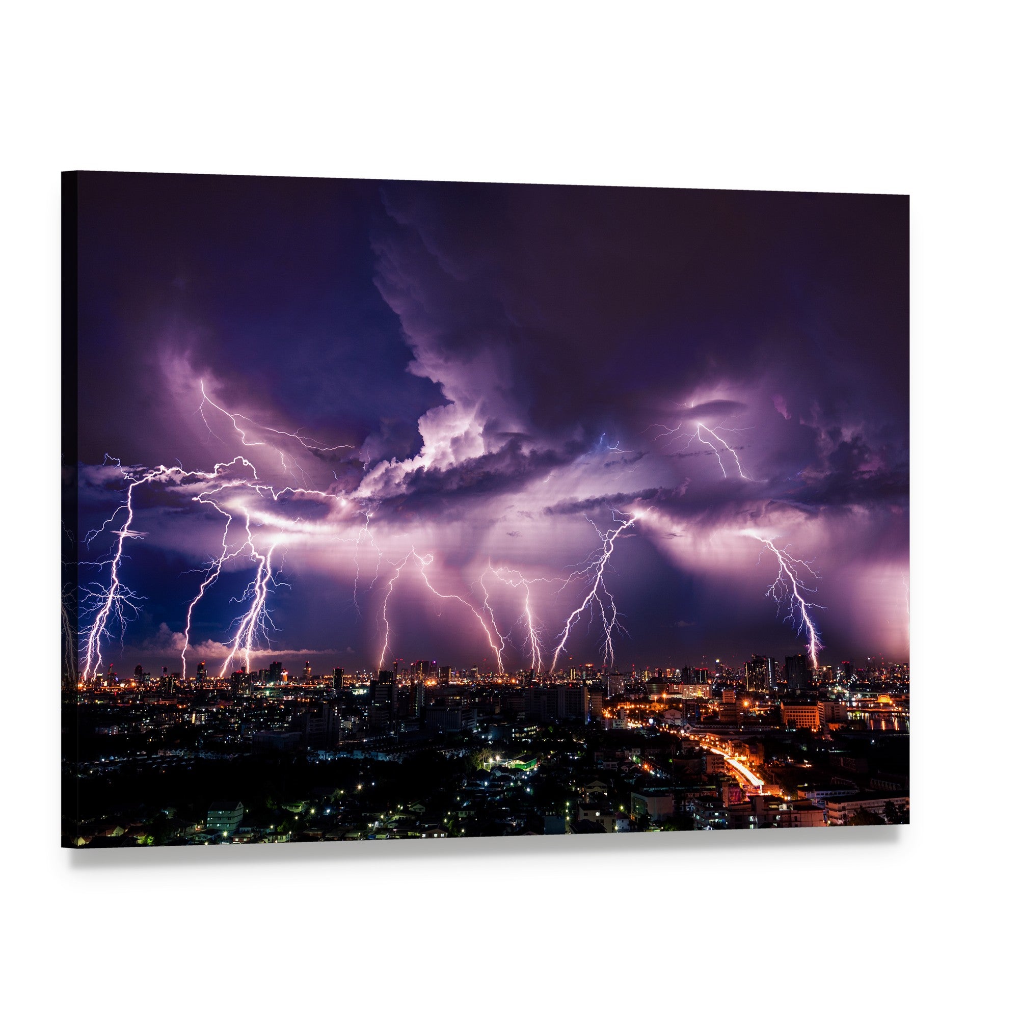 Purple Lightning Strikes Over City Skyline Canvas Wall Art, single panel gallery wrapped canvas, angled product view