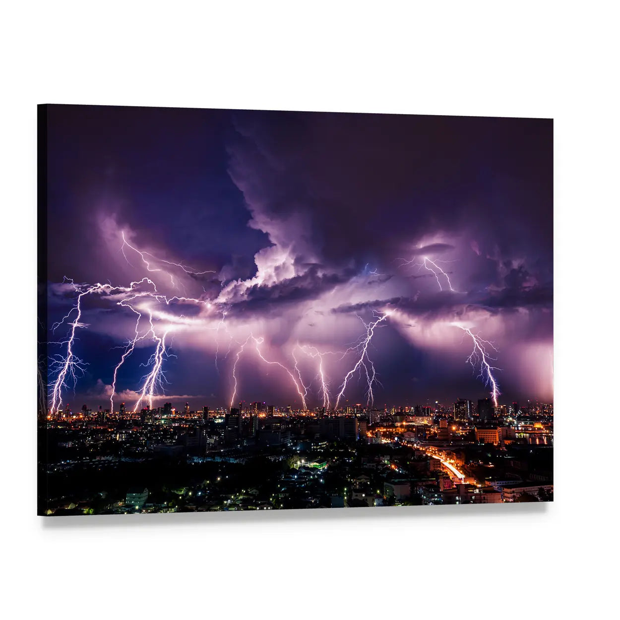 Purple Lightning Over City Canvas Wall Art, single panel gallery wrapped canvas, angled product view