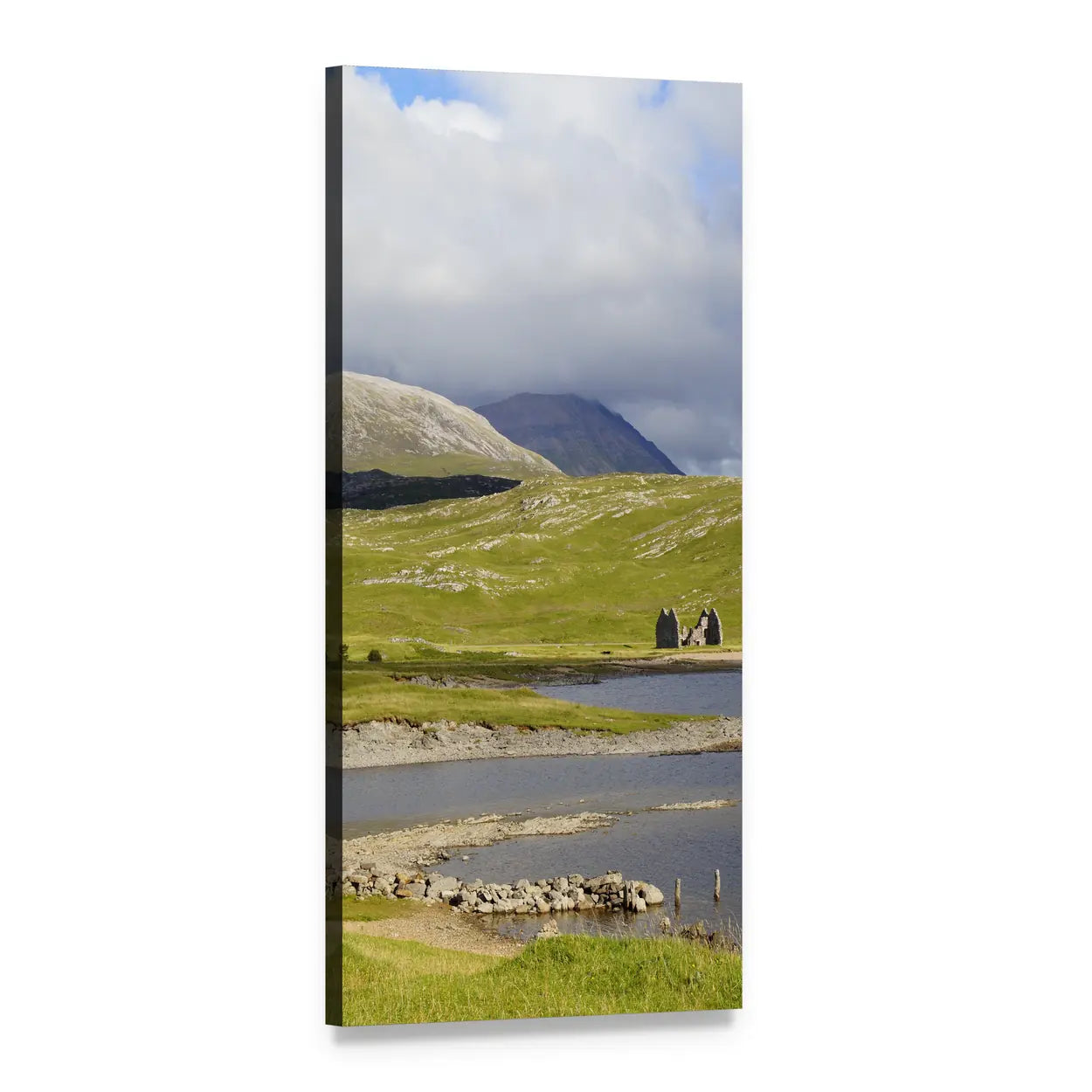 Scottish Summer Hills and Lake Vertical Canvas Wall Art, 1 panel 1 Vertical layout gallery wrapped canvas set, angled product view