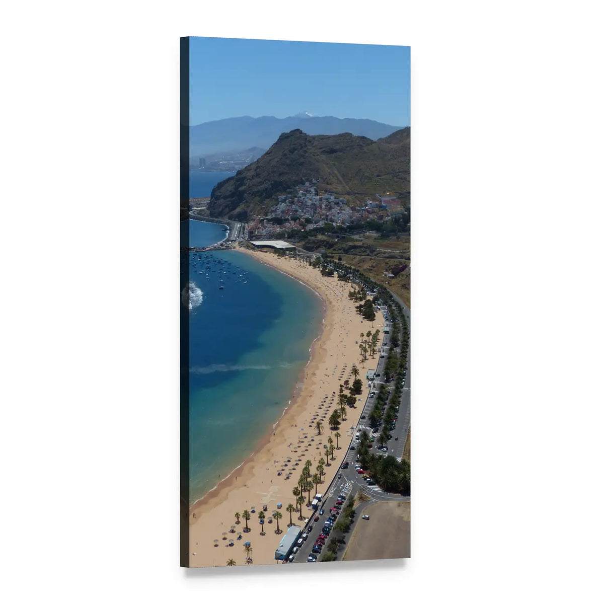 Aerial Curved Coastline with Boats Vertical Canvas Wall Art, 1 panel 1 Vertical layout gallery wrapped canvas set, angled product view